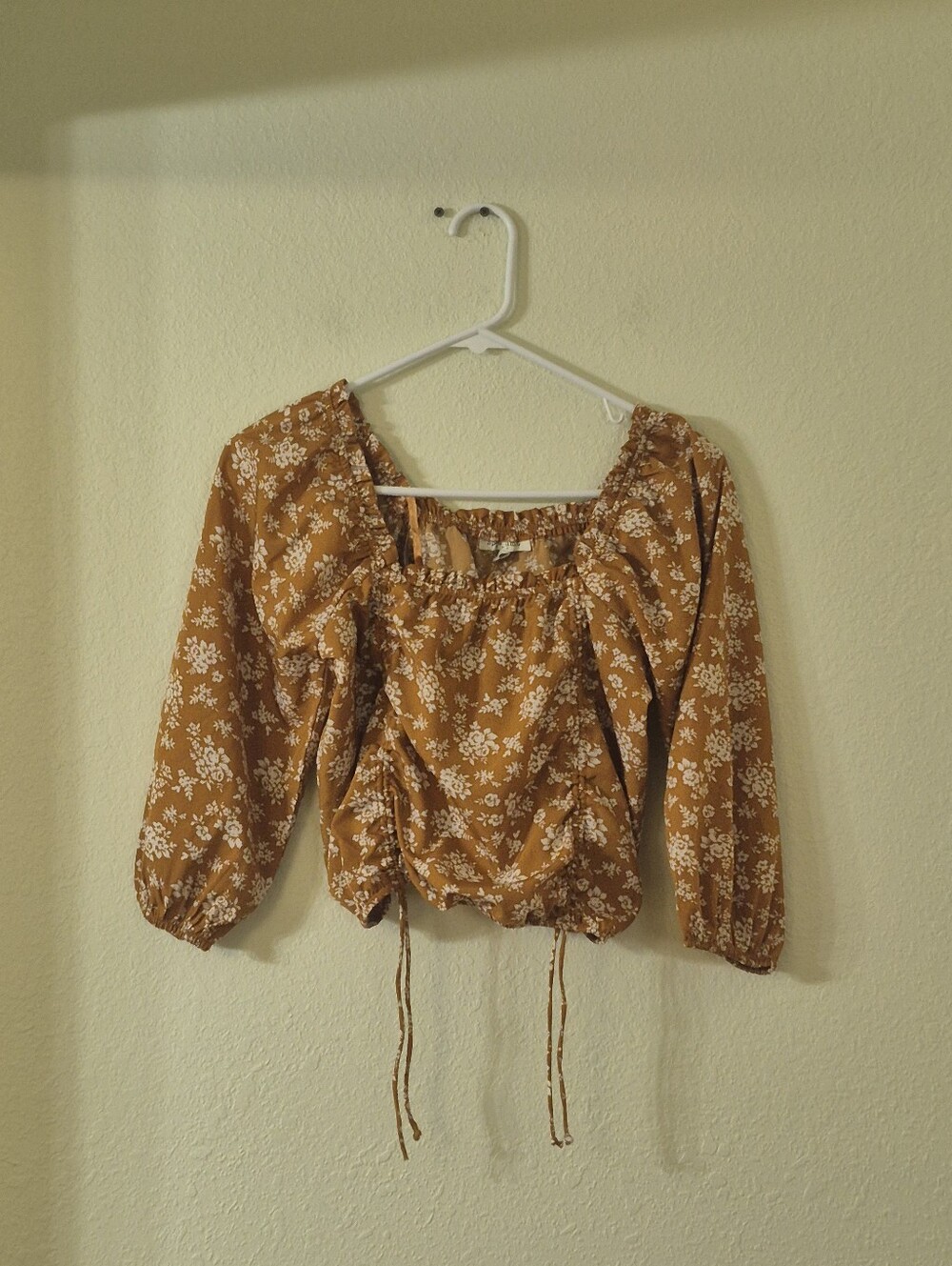 Floral Drawstring Peasant Blouse in Mustard